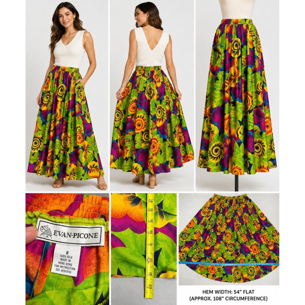 Evan-Picone Vintage 100% Silk Floral Maxi Skirt Green Orange Multi Size 8